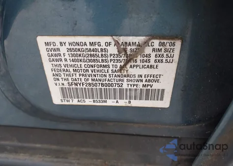 2007 Honda Pilot Ex-L z USA, uszkodzony, nr VIN 5FNYF28507B000752